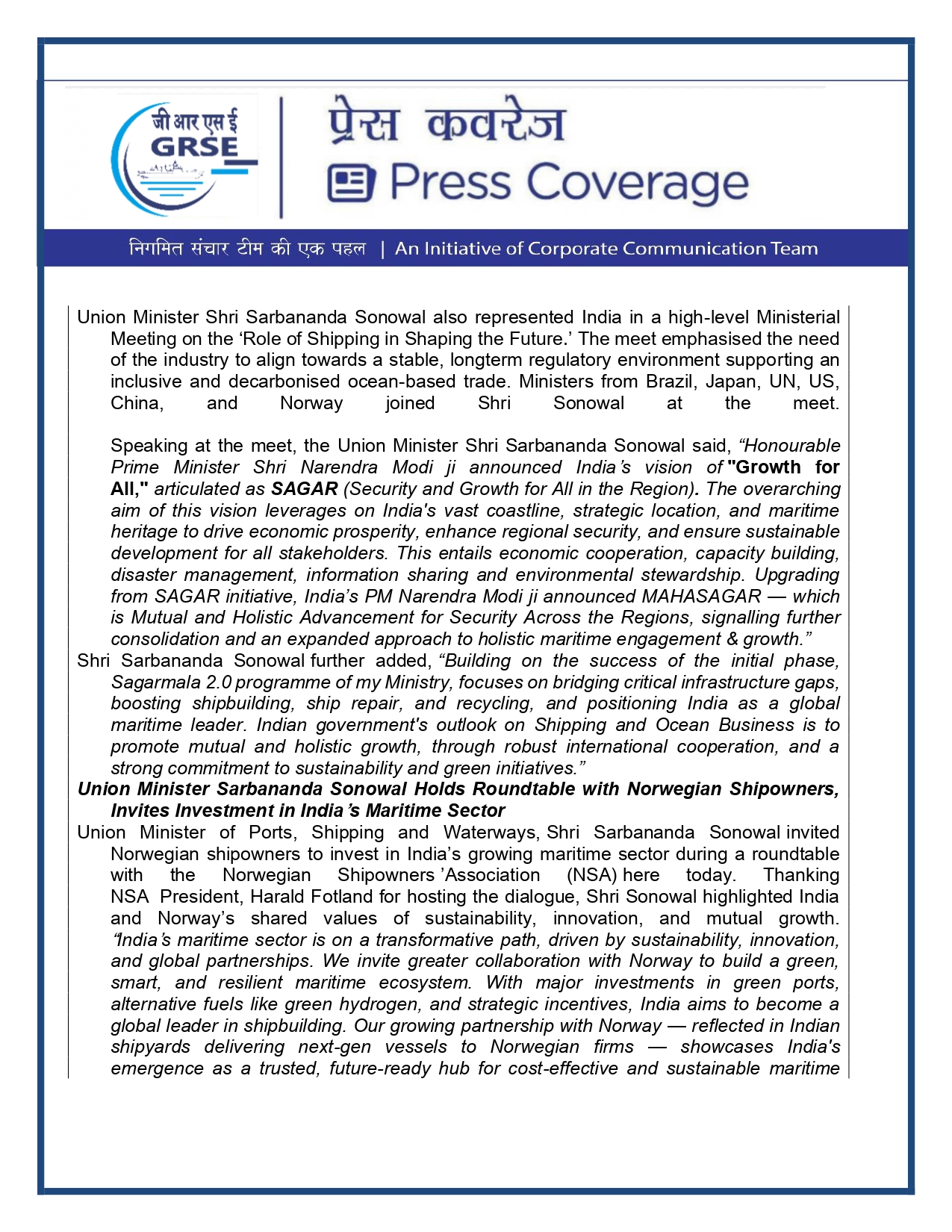 Press Coverage : CMD,GRSE conferred on CMA's Management Excellence Award 2025  